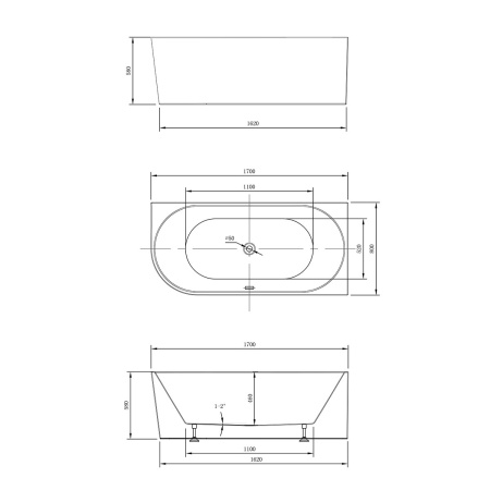 Ванна акриловая Vincea VBT-402-1700R, 1700*800*580, цвет белый, правая, слив-перелив в комплекте, хром
