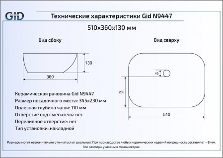 Раковина накладная 51см Gid N9447 белый